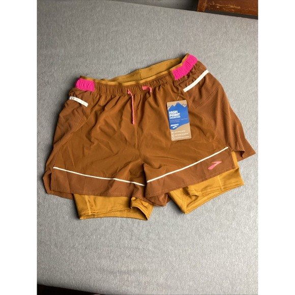 Brooks Pants - Size S- Brooks Women's High Point 3" 2-in-1 Shorts, Hazelwood/Ochre/Fuchsia.